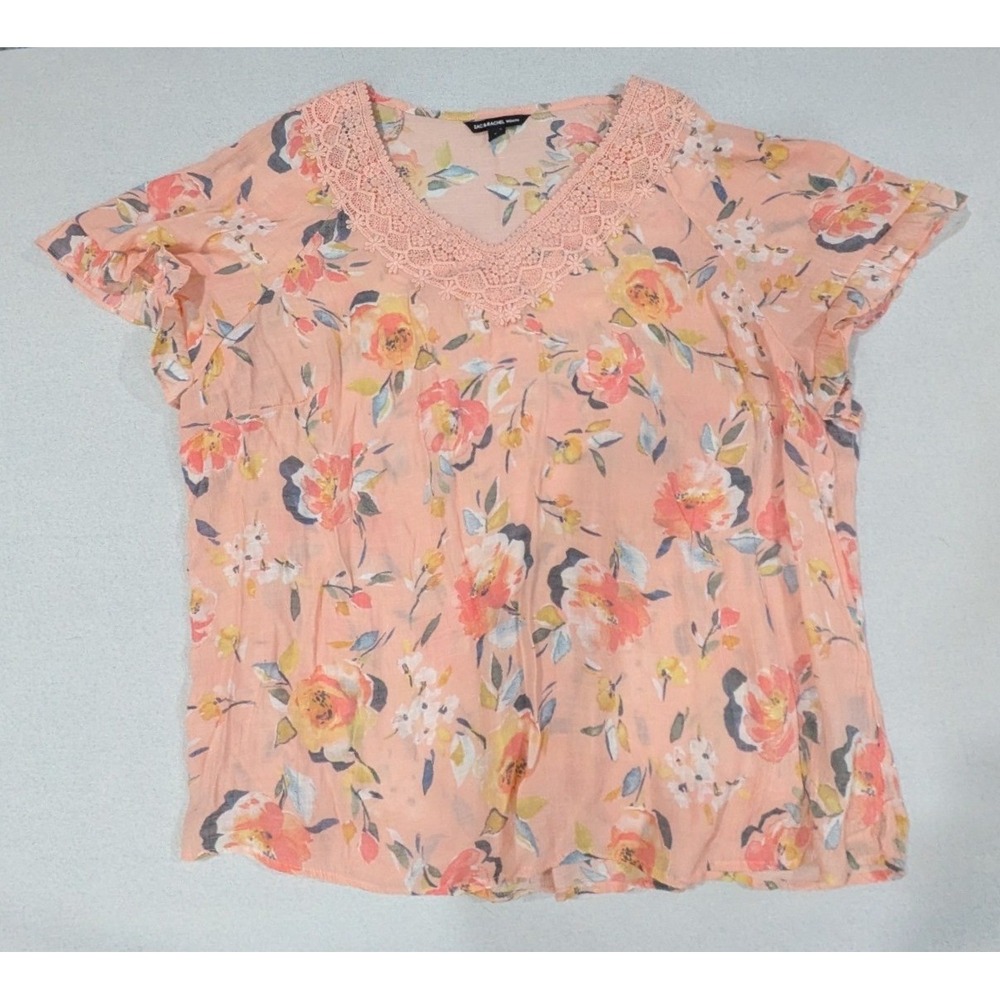 Zac & Rachel Blouse Women 2X Peach Floral Excellent Lace V-Neck Flutter Sleeve